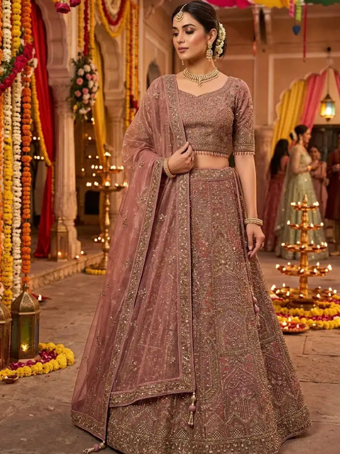 Dusty Rose Embroidered Net Lehenga Set